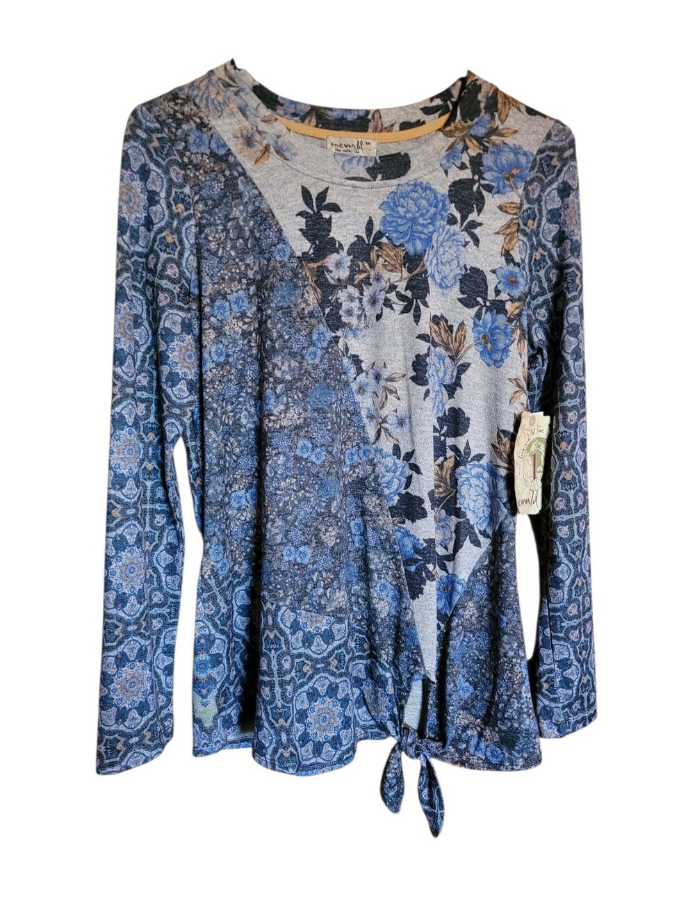 ONE WORLD New Blue Floral & Paisley Tie-Front Long Sleeve Top